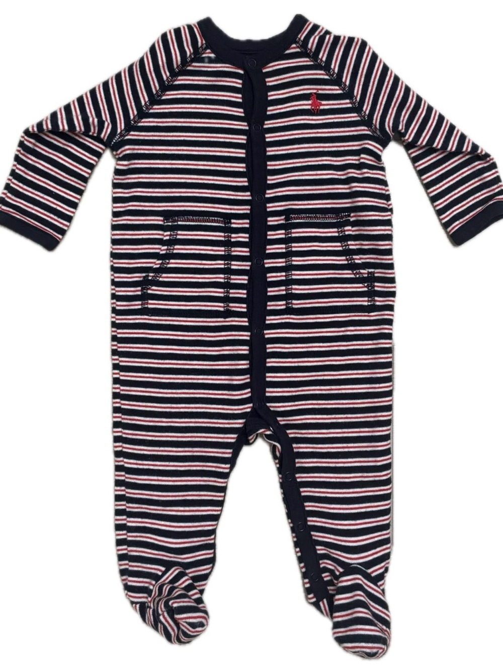 Ralph Lauren Navy, White & Red Striped Footed One-Piece